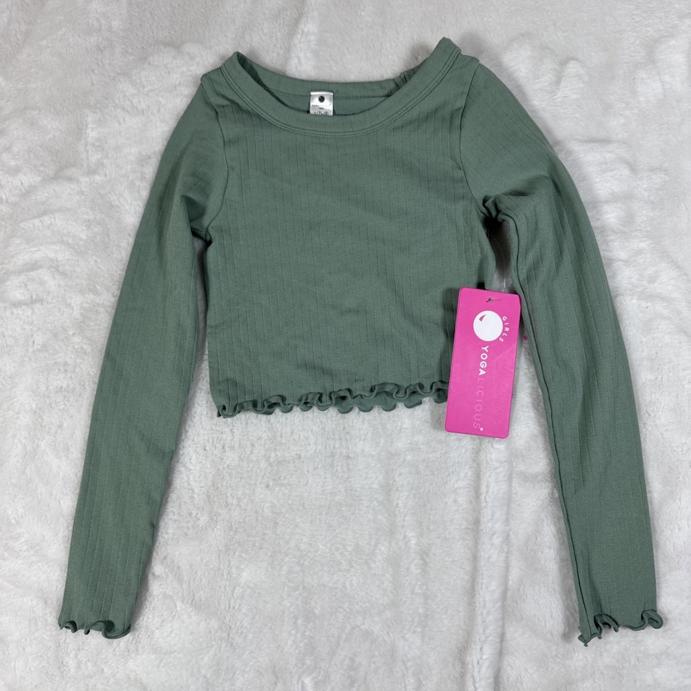 Yogalicious Girls Top  Ribbed Lettuce Trim Flare Top Green  Small 7/8